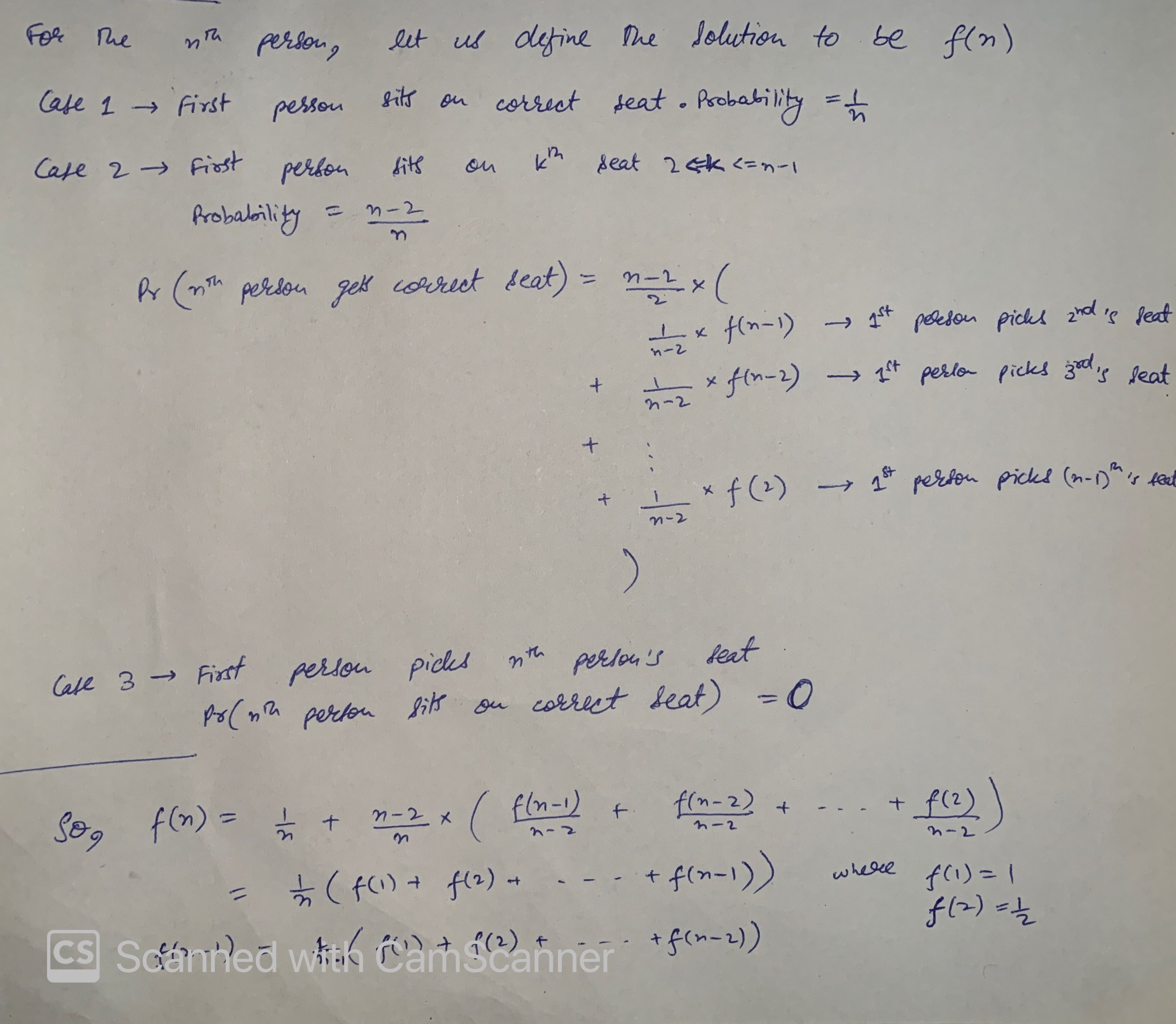 airplane seat assignment probability solution